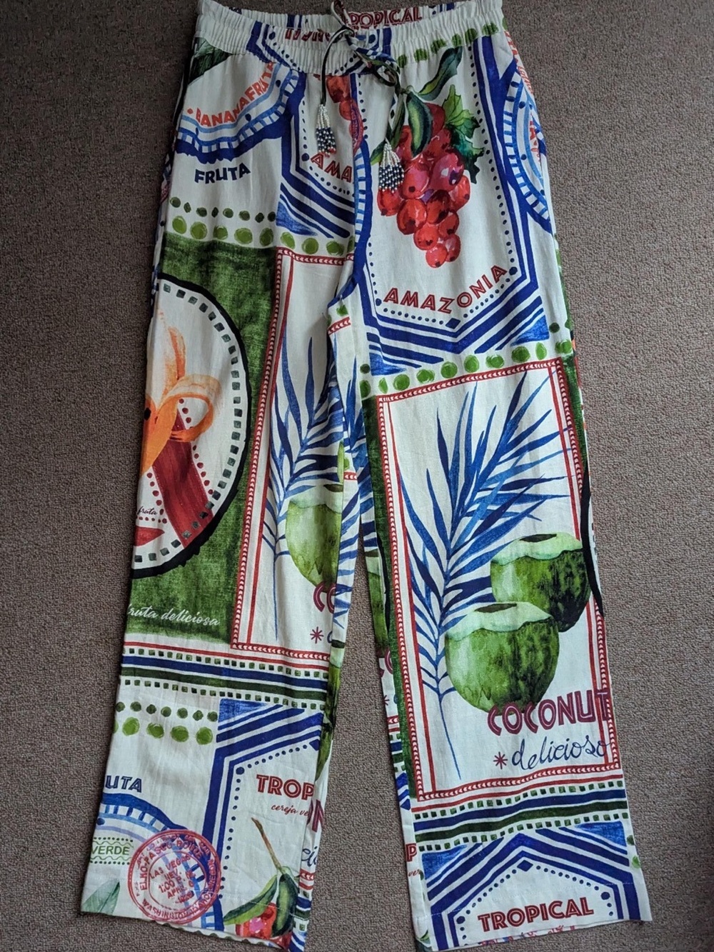 FARM Rio Tropical Patchwork Straight-Leg Pants — Green, Blue, Red